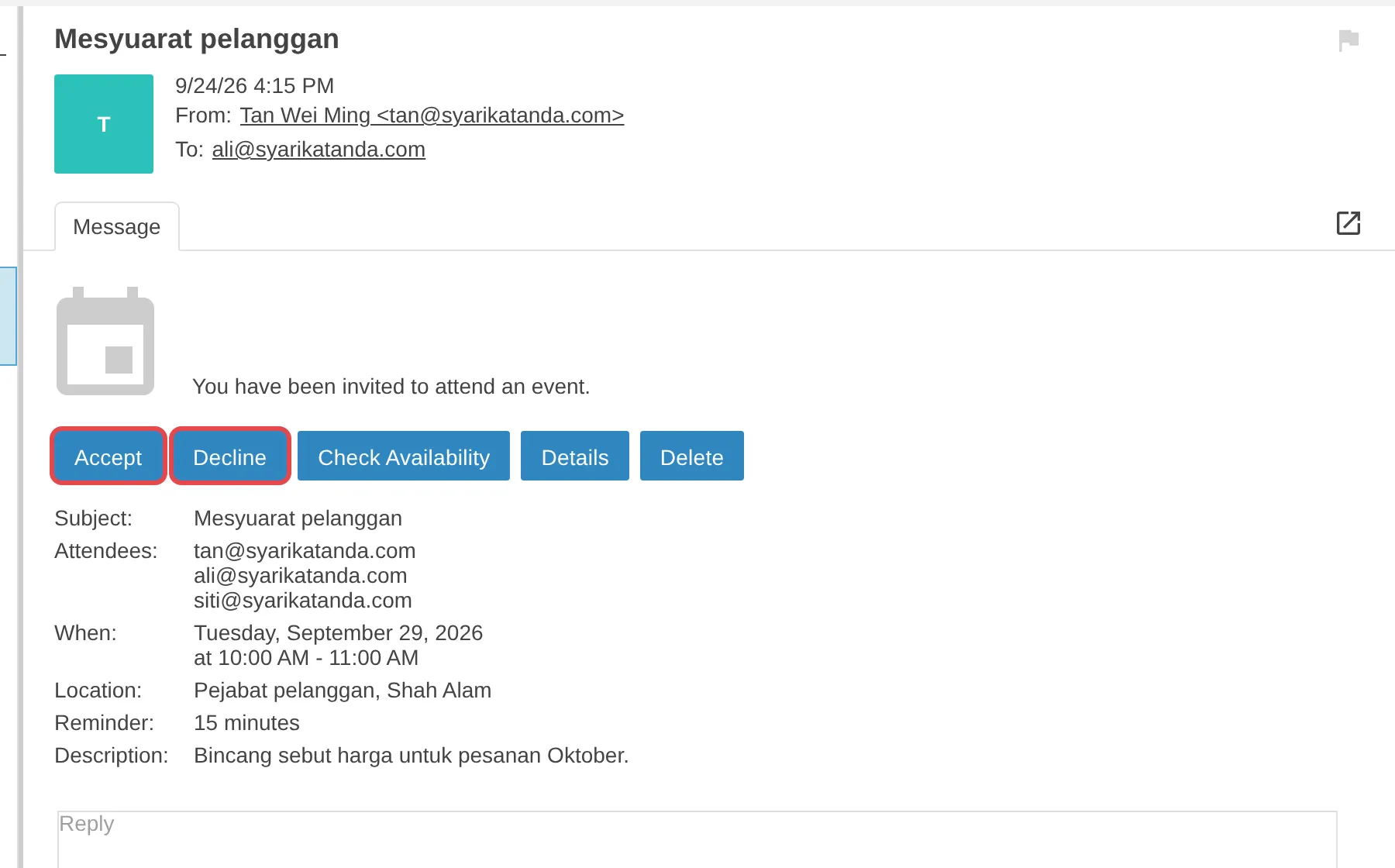 Invitation with Accept, Decline and Check Availability