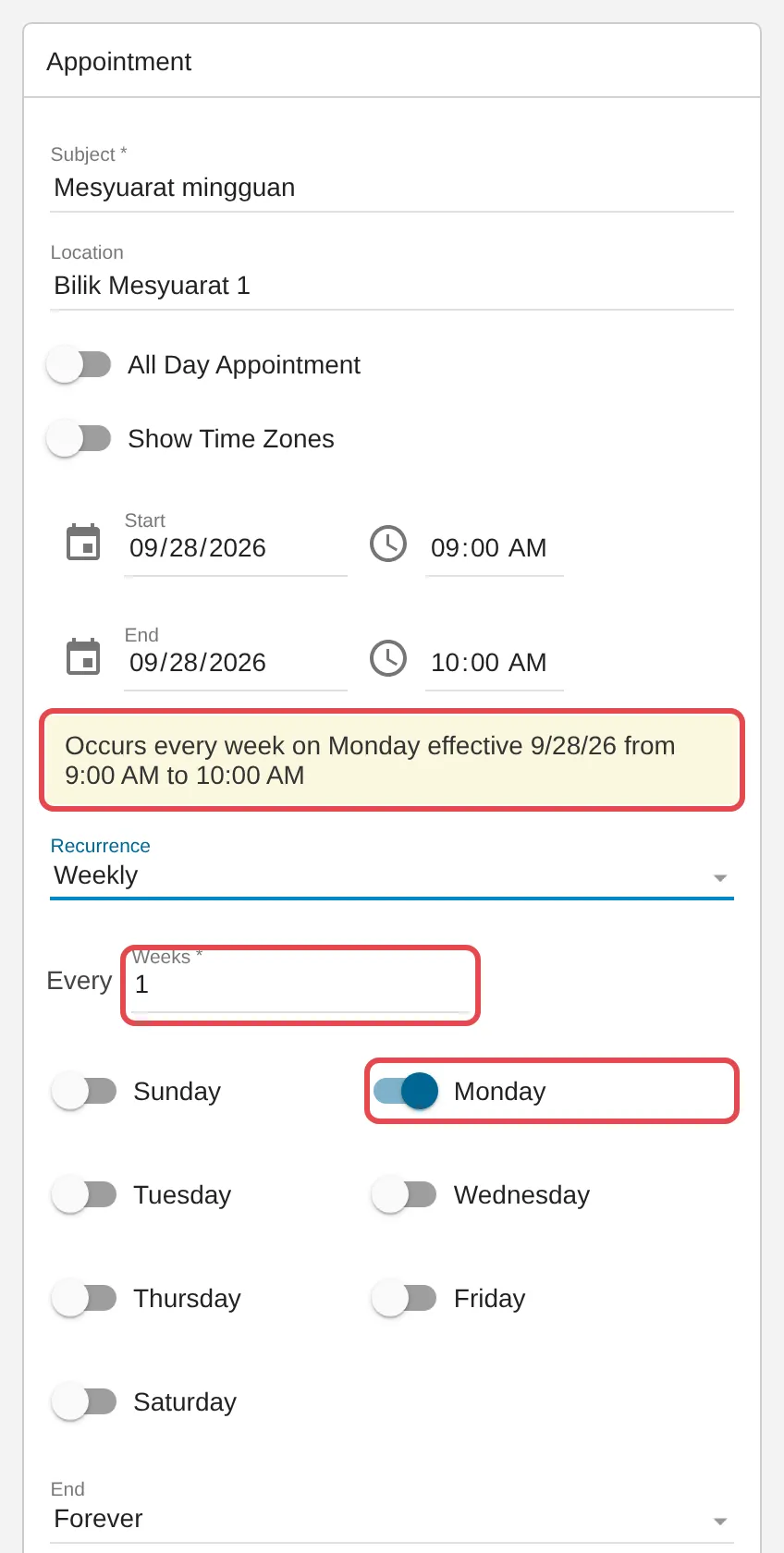 Weekly settings and summary