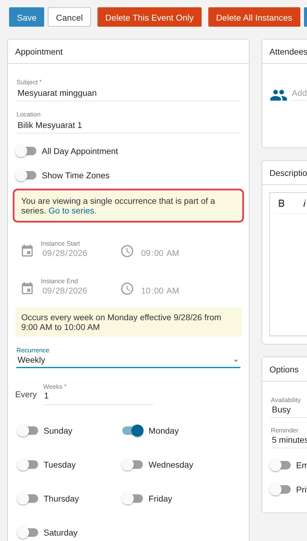 Single occurrence note with Go to series.