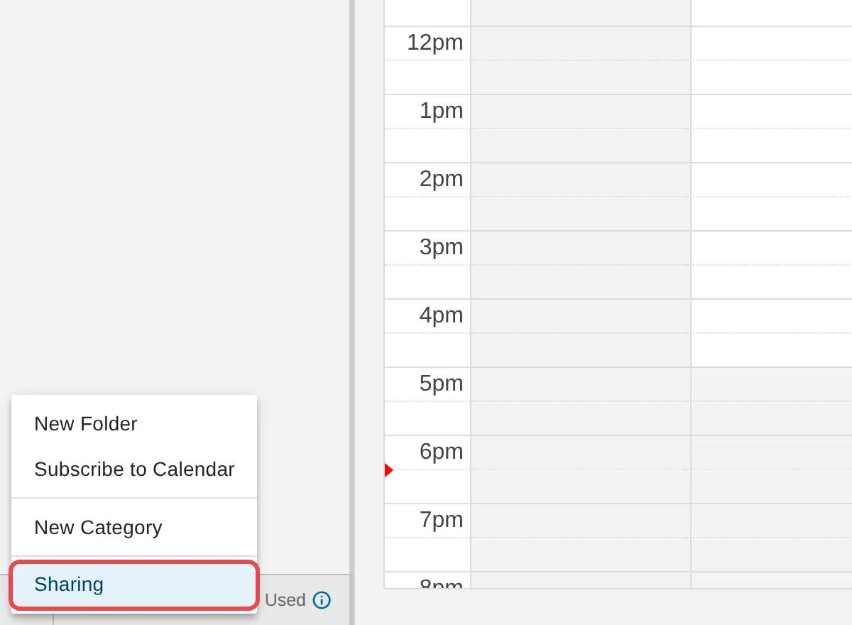 Sharing in the calendar folder menu
