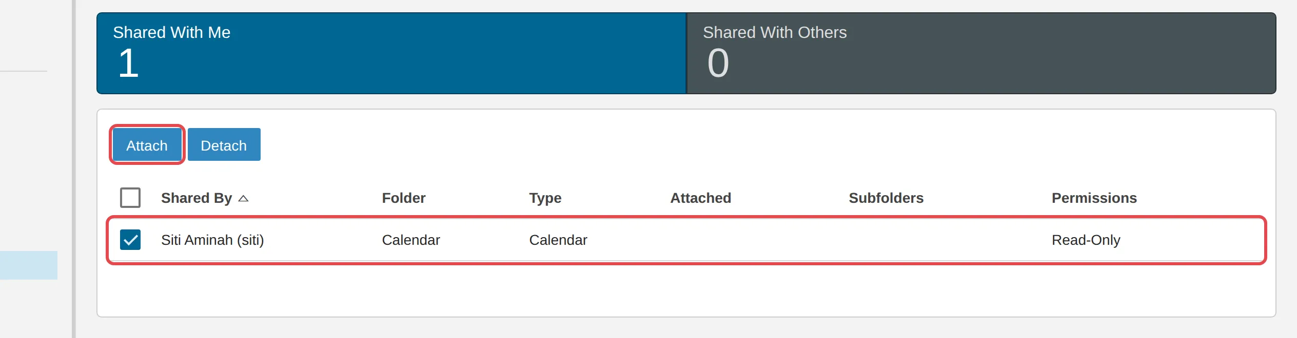 Shared calendar ticked, and the Attach button