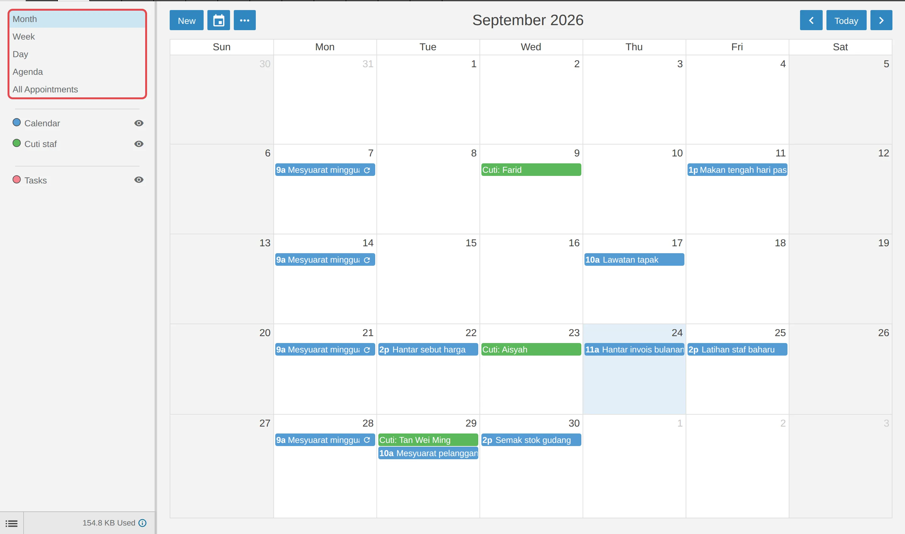 Views in the left pane, Month view