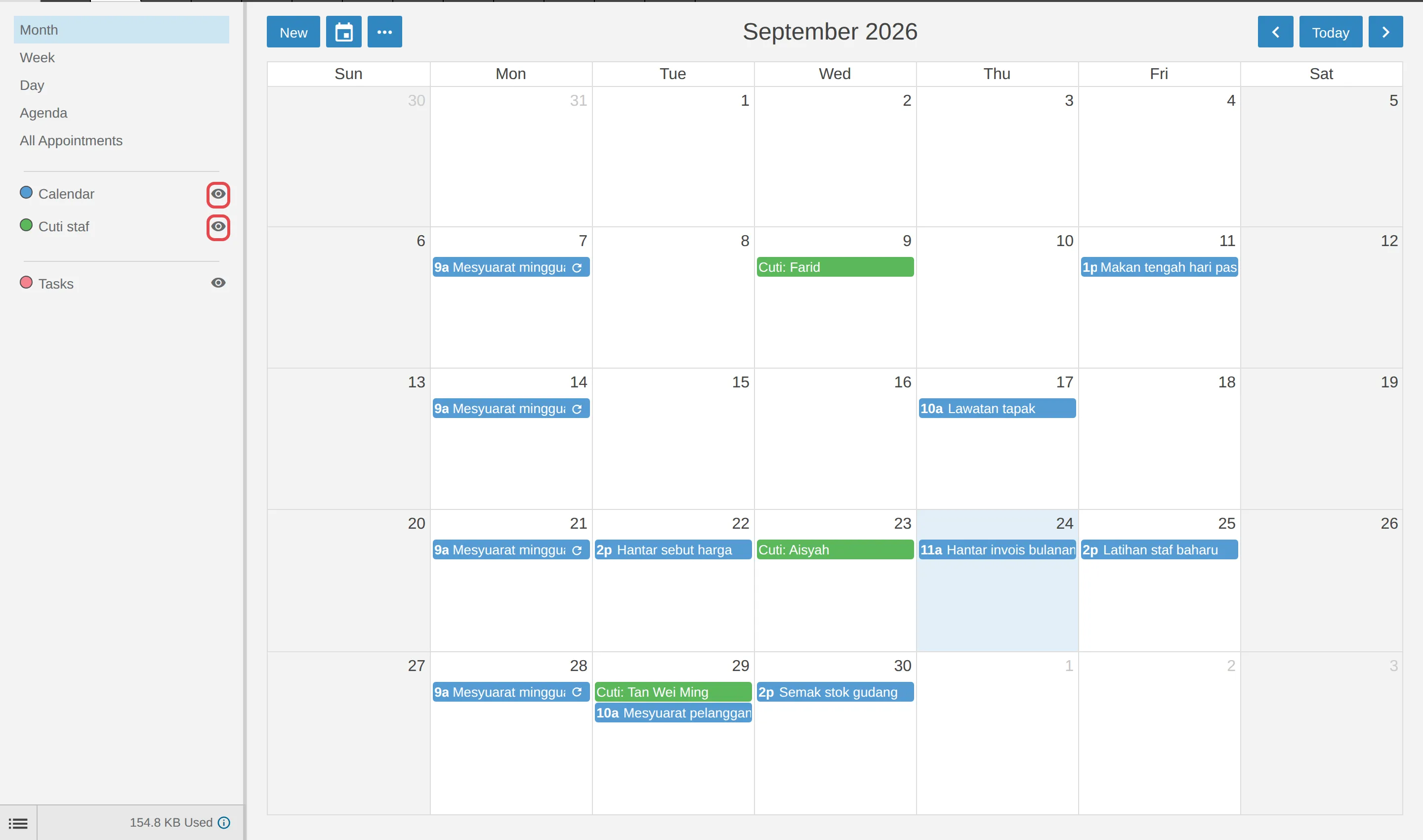 Eye icons beside each calendar