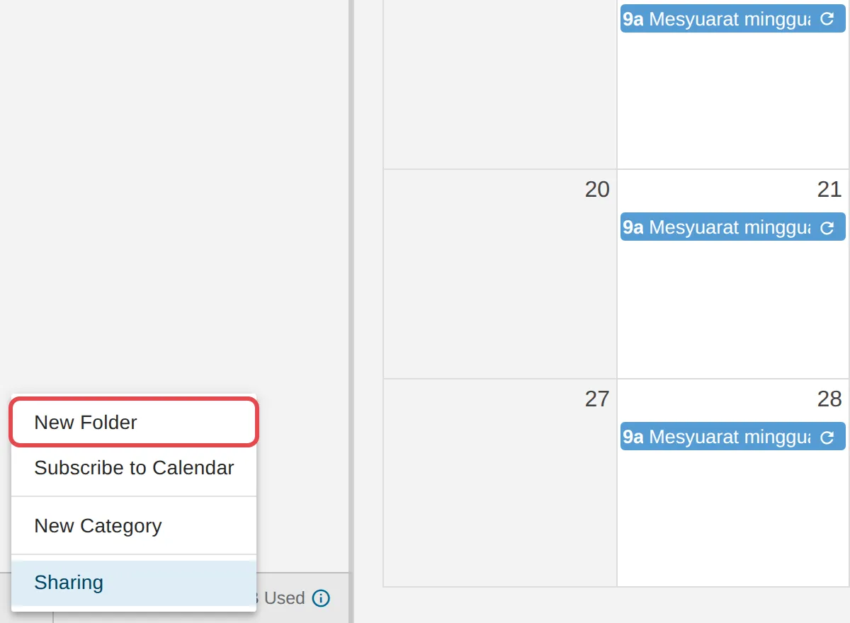 New Folder in the calendar folder menu