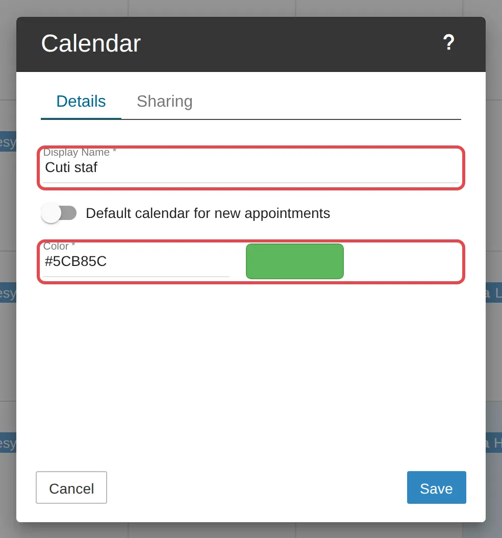 Display Name and Color for a new calendar