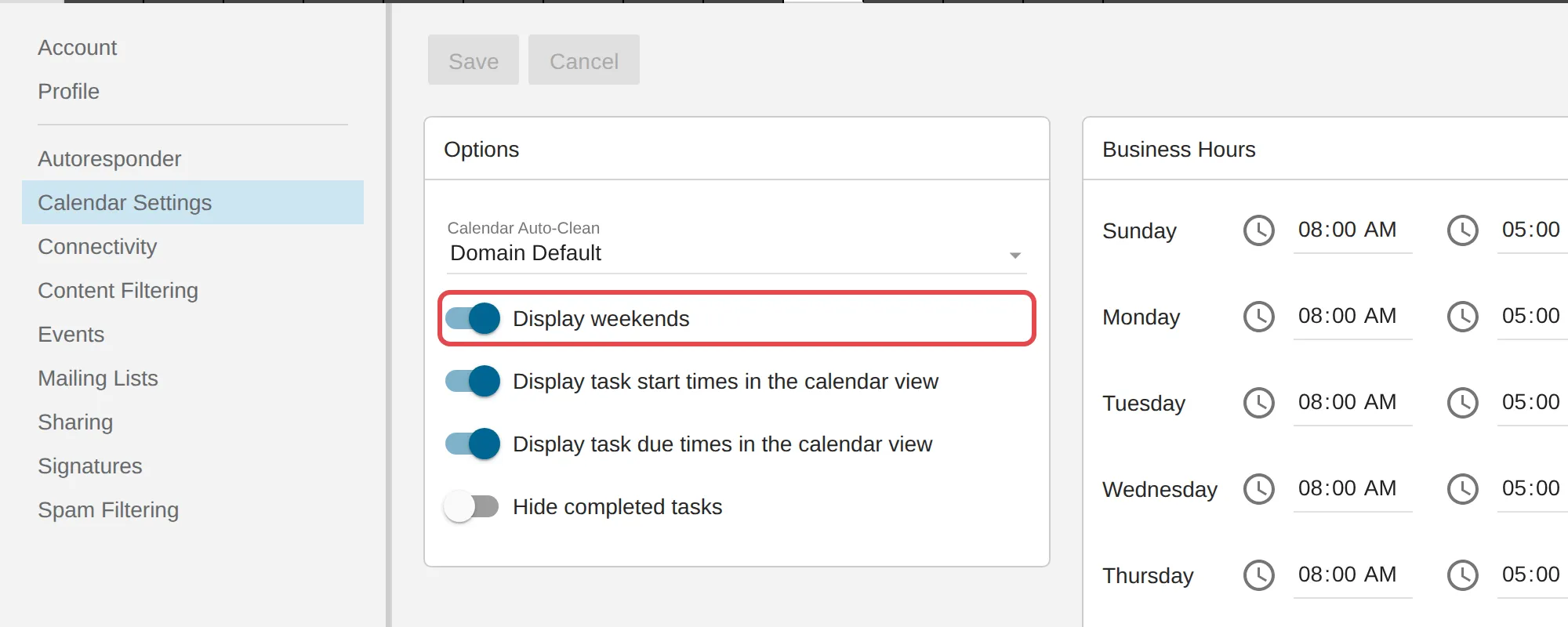 Display weekends in Calendar Settings